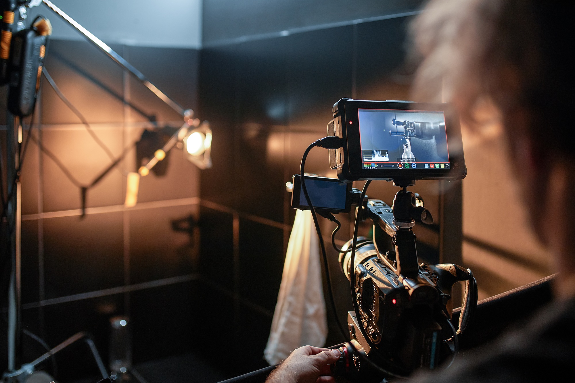Behind the scenes of filming movies and video products, setting up equipment for shooting video and