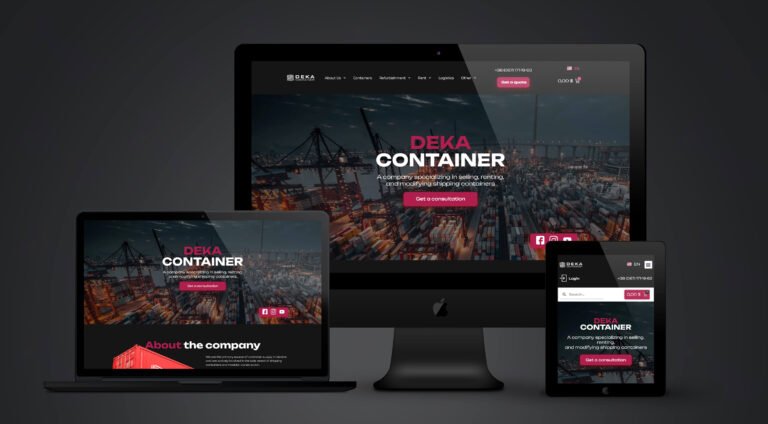Deka Container website showcasing an online store for container sales, delivery, and modification with multilingual support.