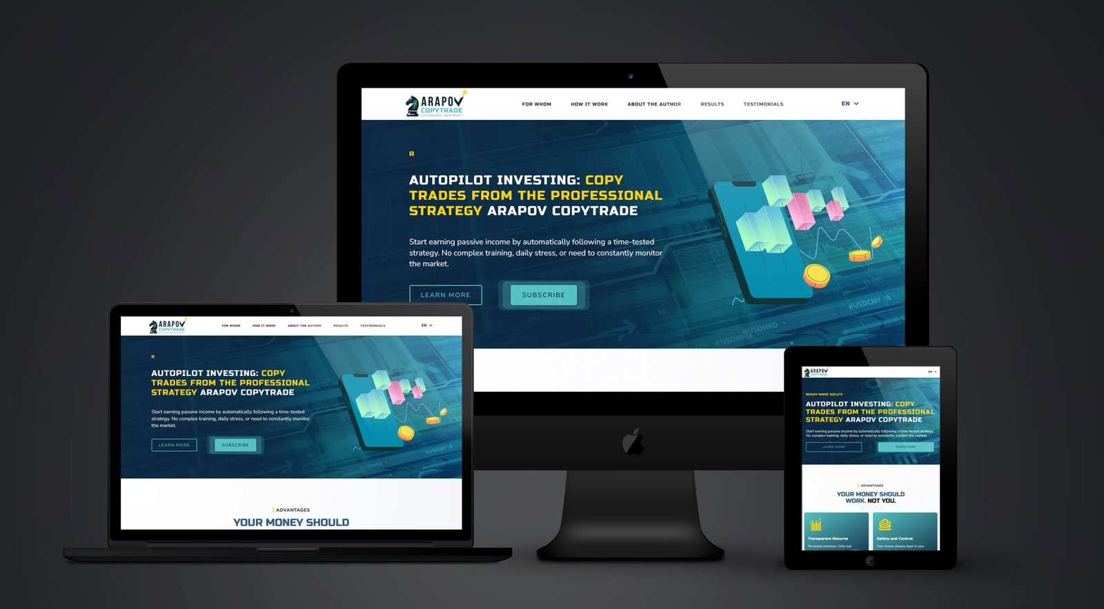 Copy trading service landing page with animated storytelling - 360dw.de