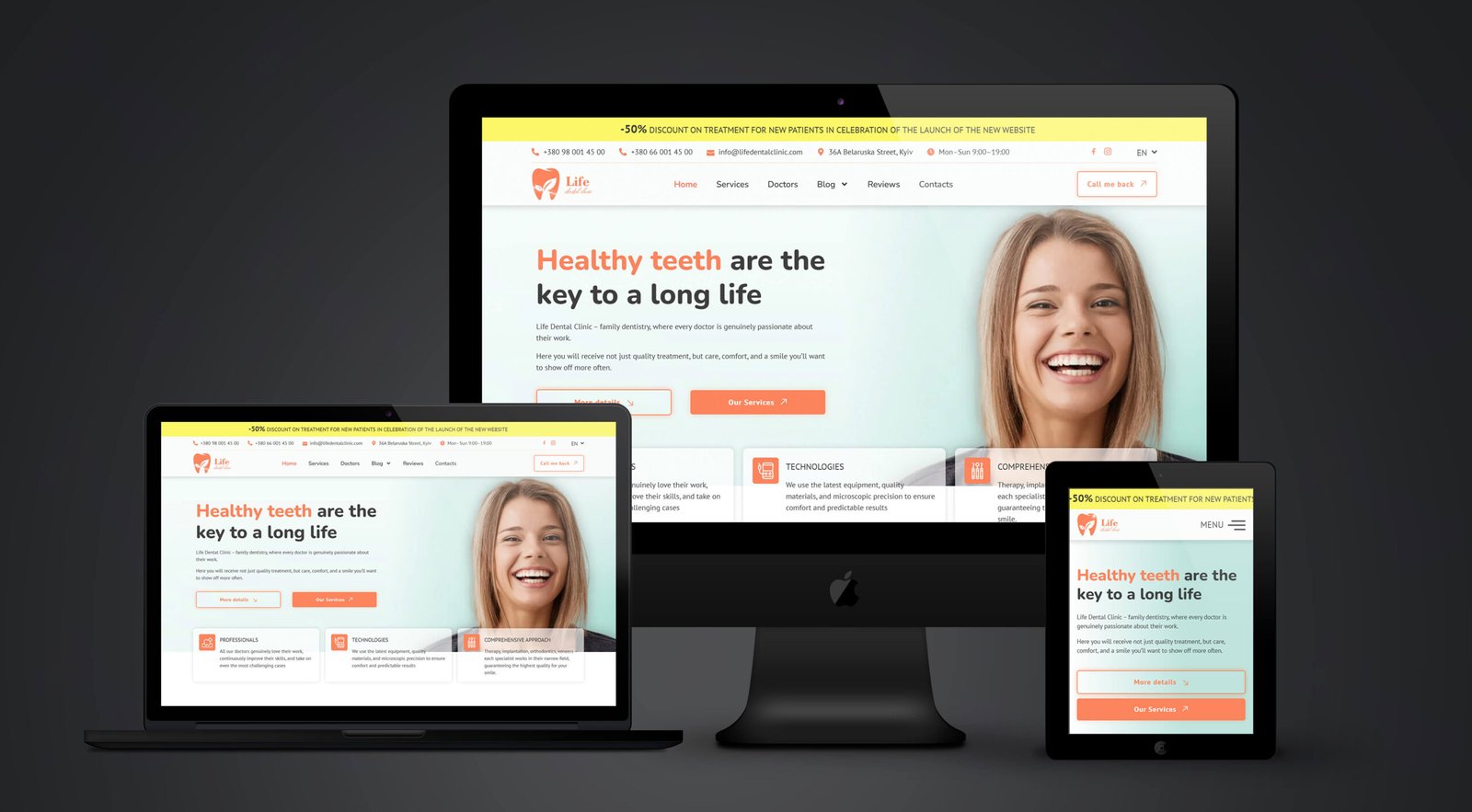 Modern website redesign for Life Dental Clinic dental practice with custom design, 3-language support, and booking system — before and after the update.