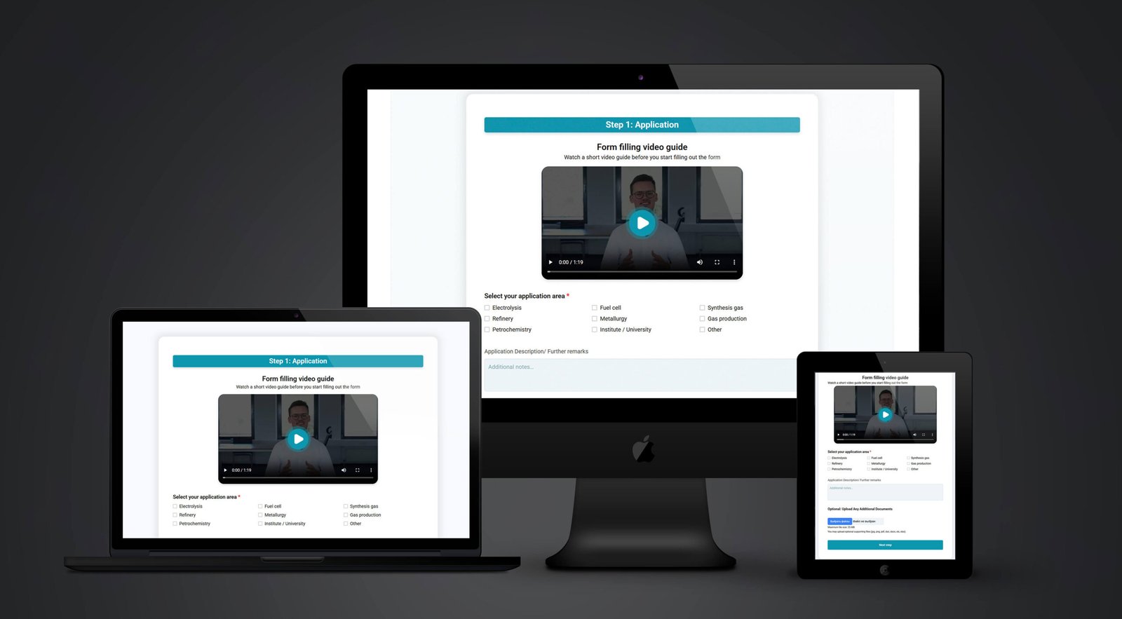 Screenshot of the advanced gas analysis application form — a custom technical multi-step application system for hydrogen measurement and gas analysis industries.