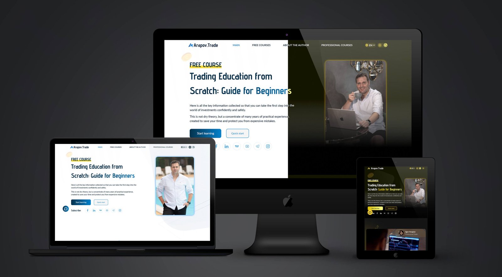 Screenshot of the educational landing page with dual theme design showing light and dark modes for trading education.